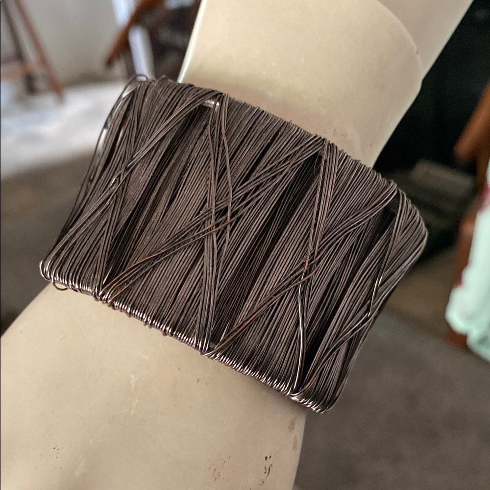Hand wrapped gunmetal wire cuff bracelet